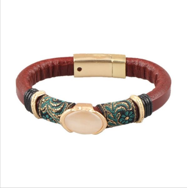 

magnetic buckle leather bracelet boho ceramic rhinestone beads bracelets bangles women men pulseira couple jewelry, Golden;silver