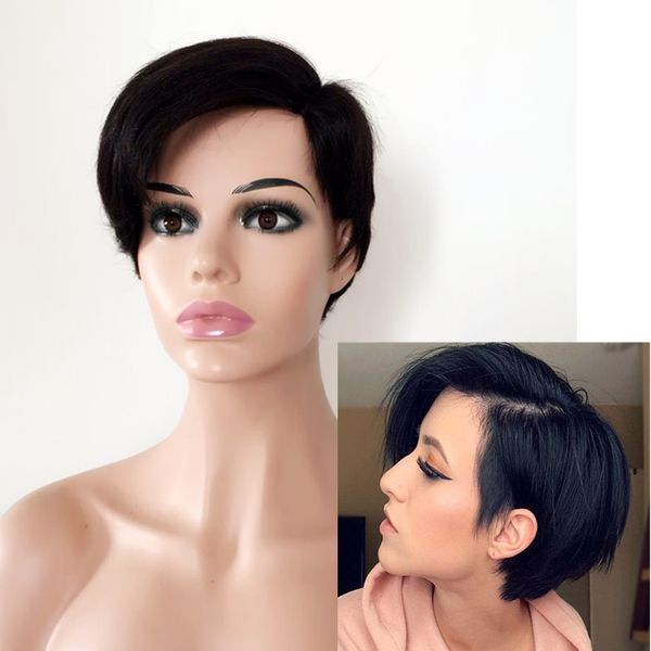 

brazilian virgin human hair little lace front wigs glueless short bob with bangs for black women 6inch straight pixie cut sidr part wig, Black;brown