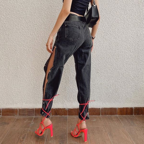 

2020 summer streetwear shooting women new four-button buckle split high waist casual jeans straight pants, Black;white