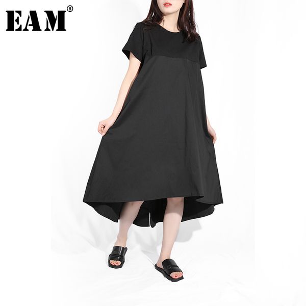 

eam] 2019 новая коллекция весна лето шею с коротким рукавом вернуться длинные плиссированные нерегулярные sittch свободное платье женская м, Black;gray