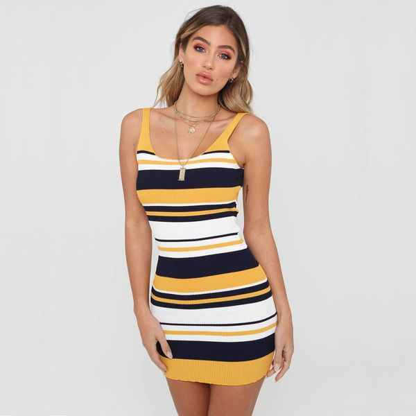 

Summer Dresses Slim Fit Stripe Knitting Thin Breathable Three Colors Joker Sexy Sleeveless Hot Sale European Wind Dress