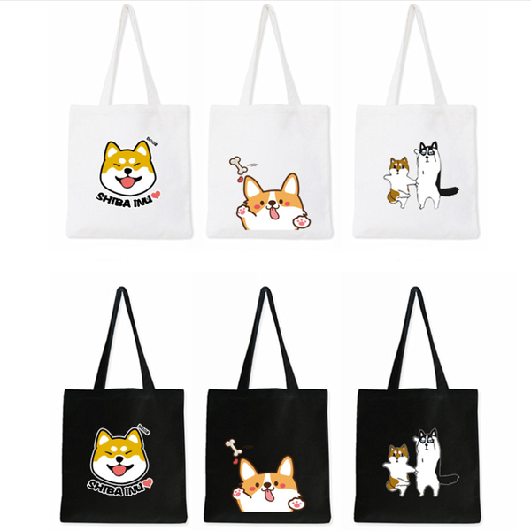 

cute dog canvas bag large shopping travel reusable tote bags