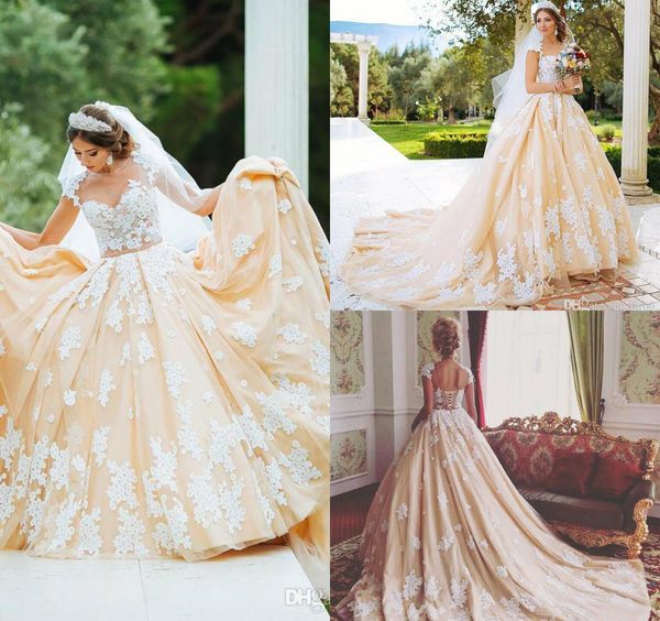 

champagne wedding dresses jewel neck lace white appliqued a line sweep train beach wedding dress lace up back boho bridal gowns chic style