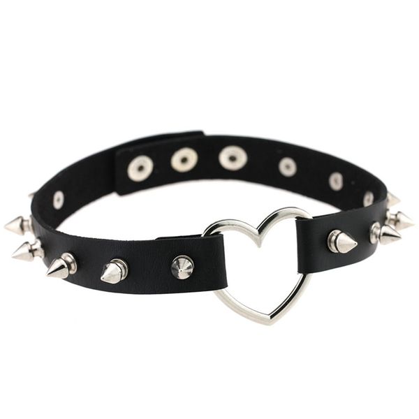

fashion punk gothic leather choker necklace heart studded spike rivet buckle collar funky torques necklace jewelry, Silver