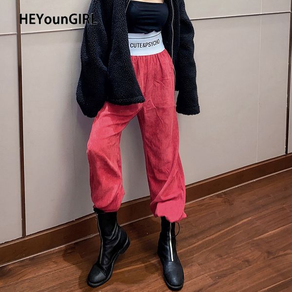 

heyoungirl patchwork casual corduroy pants autumn pink black long trousers ladies fashion korean sweatpants women streetwear, Black;white