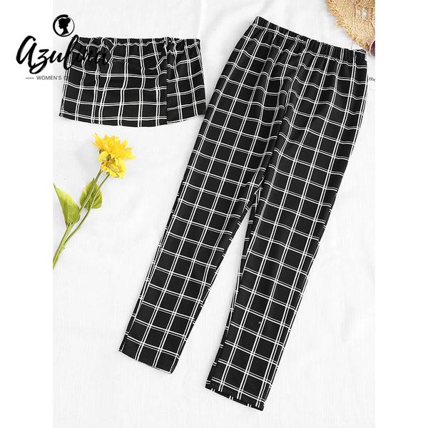 

azulina plaid bandeau and pants women set strapless sleeveless crop elastic waist long pants two piece set summer 2019, White