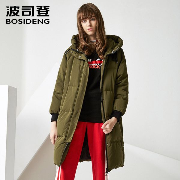 

bosideng winter women down coat hooded down jacket wide waist thicken outwear fashion chic casual wear b70142126, Black