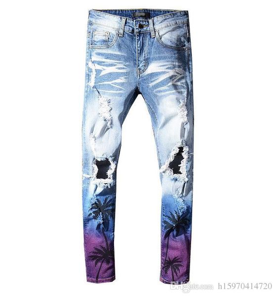 

19 high-street skinny button fly jeans micro-elastic pencil pants denim desinger slim fit shabby holes elasticity mens jeans size 29-40, Blue