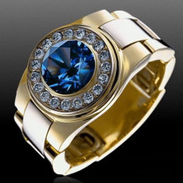 

milangirl gold silver color wedding ring silver blue round cz stone punk vintage ring for man jewelry gift, Golden;silver