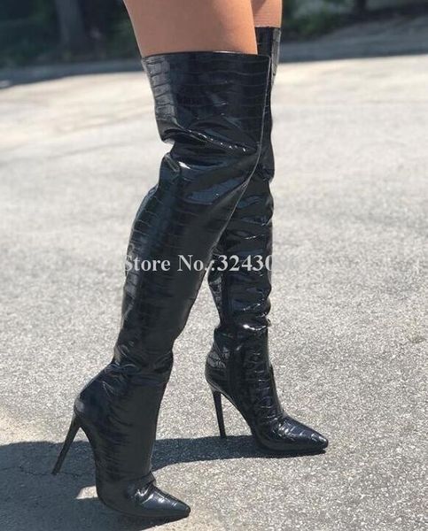 

black crocodile leather long boots women pointed toe stiletto heel over the knee gladiator boots lady banquet shoes