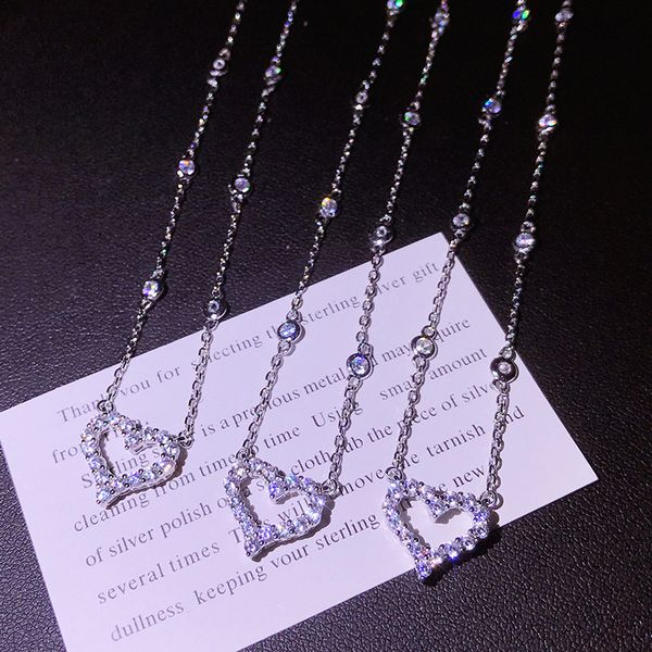 

new arrival fashion designer hollowed zircon heart pendant pure 925 sterling silver chain necklace romantic collar necklace