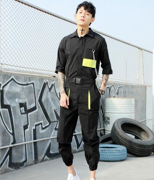 

2019 spring and summer new catwalk show tide men's stage jumpsuit men's fashion loose short-sleeved harem pants, Black