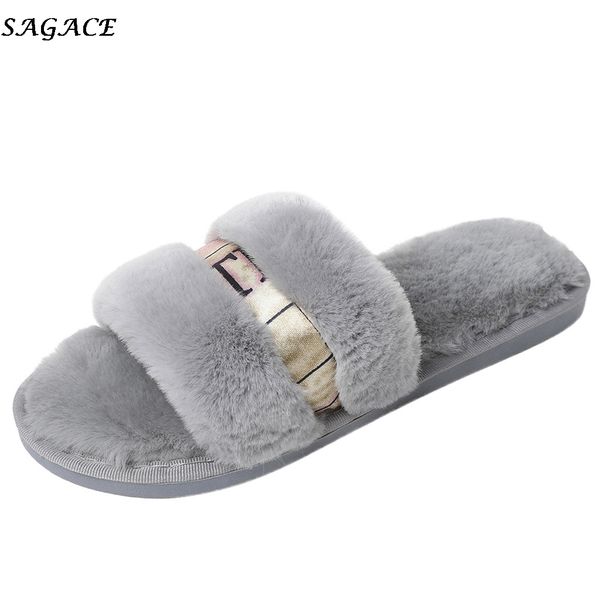 

sagace indoor slippers women winter warm cotton slippers ladys open toe non-slip casual shoes flip flops fur plush shoes woman #, Black