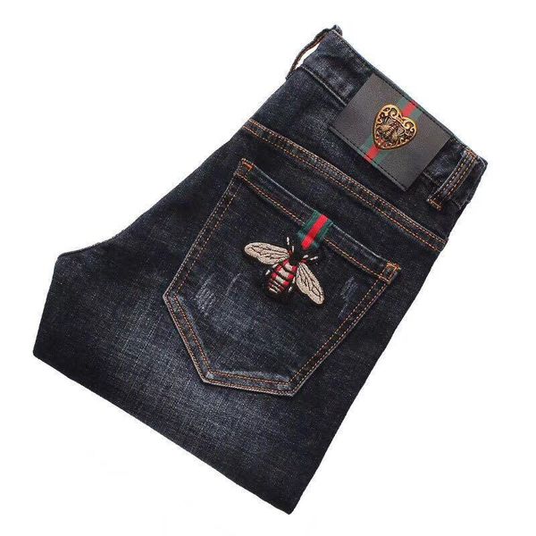 

jeans male autumn slimming spring and autumn animal embroidered leg pants men fashion versatile casual pants, Blue