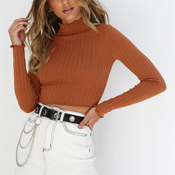 

2019 women autumn basic turtleneck sweater female flounce sleeve pullover winter warm knitted jumper ribbed knitwear, White;black