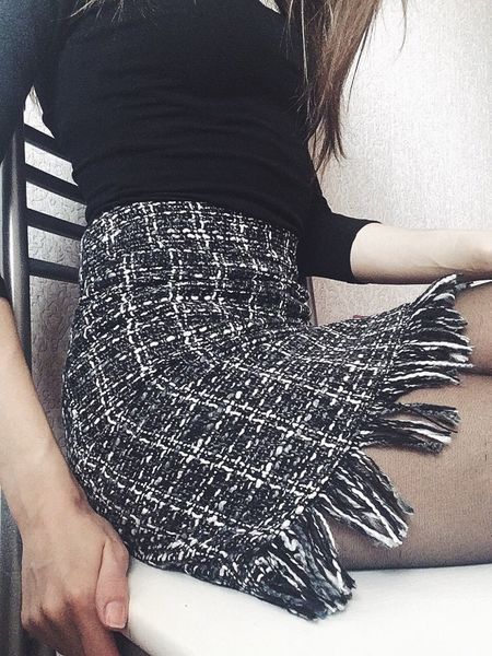 

women skirts mini skirt mini woolen women skirt autumn winter vintage straight plaid tassel skater skirt high waist femininas sk5583, Black