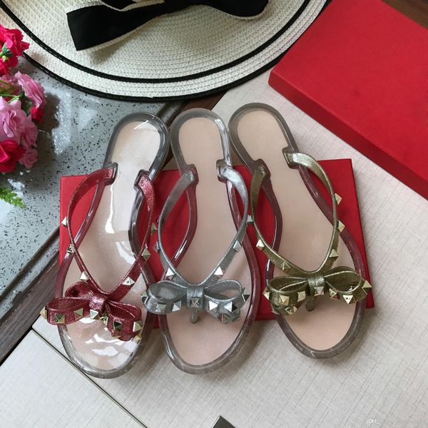 

rivets studded bowknot flats slippers sandals flip flops summer shoes outdoor beach slides jelly shoes woman slipper, Black