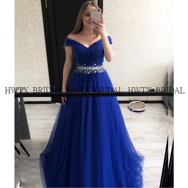 

royal blue tulle prom dresses 2020 plus size a-line off the shoulder crystal waist long dress women formal gown vestidos de gala, White;black