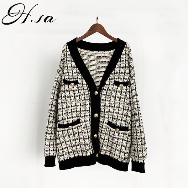 

h.sa women sweater jacket 2019 oversized knitted cardigans loose plaid jumpers korean clothing robe long coat sueter feminino, White
