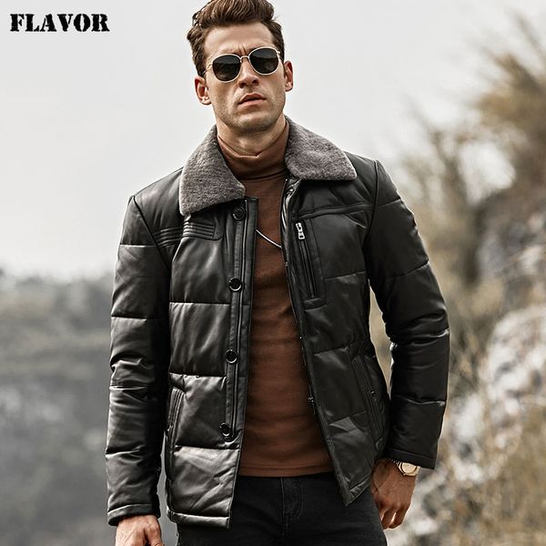 

flavor men's duck down leather jacket men lambskin genuine leather jacket winter warm down coat with removable sheep fur collar, Black