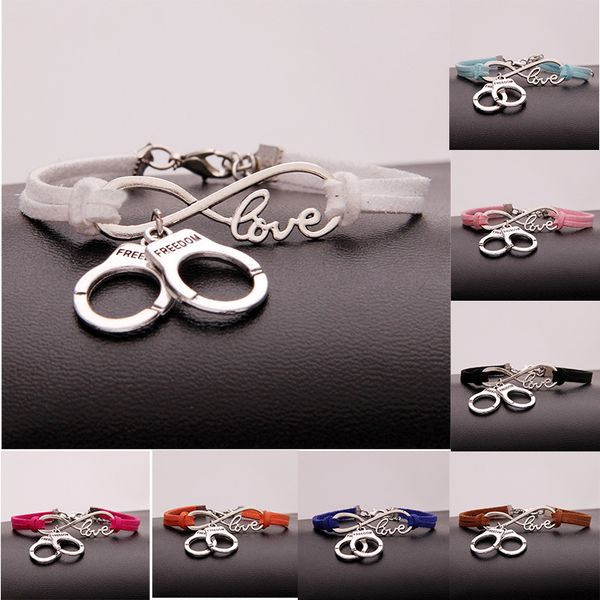 

afshor stylish christmas gift unique police handcuffs pendant love infinity charm leather bracelet women handcuffs wrist jewelry, Golden;silver