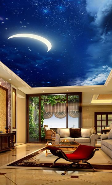 Personalizzato Photo Wall Paper Cielo notturno mezzaluna soffitto 3D Wallpaper Soggiorno Camera da letto KTV Bar soffitto della parete pittura su seta Wallpaper murale