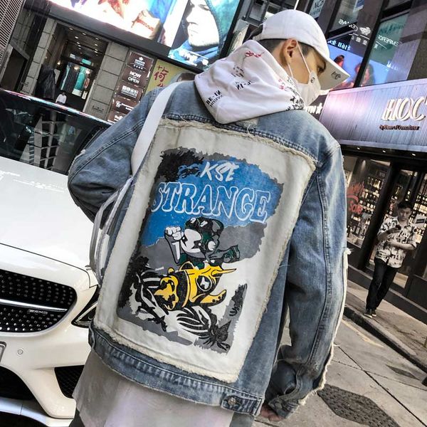 

aolamegs men denim jacket cute print mens jeans jacket fashion broken harajuku style cowboy coat outwear streetwear, Black;brown