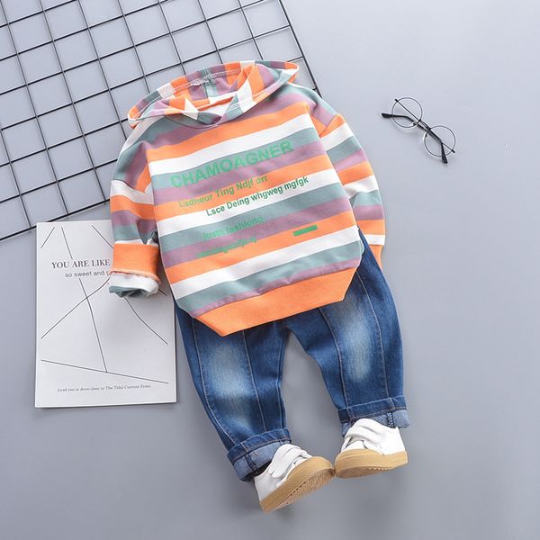 

newborn infant baby boy girl hooded striped sweatshirt denim pants outfits set roupas infantis menina w1010, White