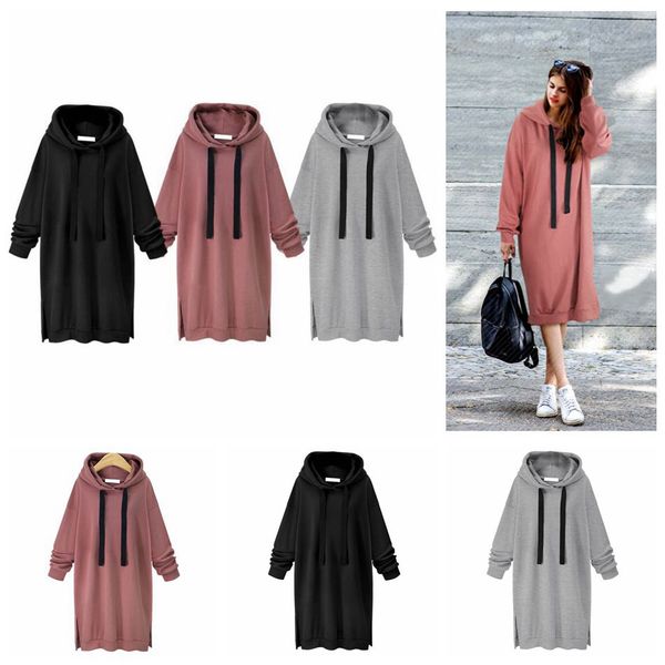 Mode – Kapuzen-Hoodie, langärmelig, einfarbig, Pullover, lockerer Kapuzenpullover, lange Tunika, Sweatshirts und Kapuzenpullover, Maxikleid, OOA3932