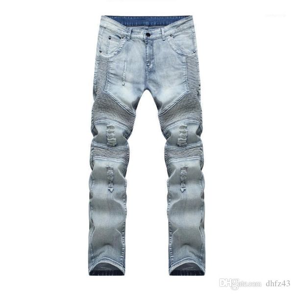 

mens biker jeans destroyed denim fabric elastic slim fit washed denim skinny pants joggers skinny male ripped trousers, Blue