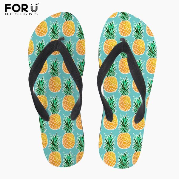 

forudesigns flip flops women summer beach shoes yellow pineapple prints outside slippers ladies daily casual flats flipflops, Black