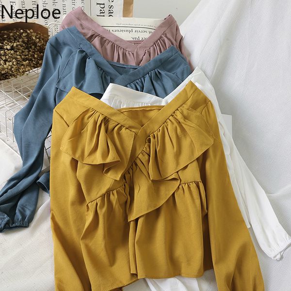 

neploe autumn spring v neck design shirt elegant ruffles long sleeve blouse 2020 new loose solid straight korean blusas 47156, White