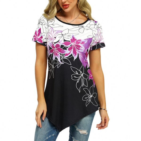 

women 2020 round shirt neck short sleeve 3d floral print asymmetrical hemline shirt for autumn#g40, White