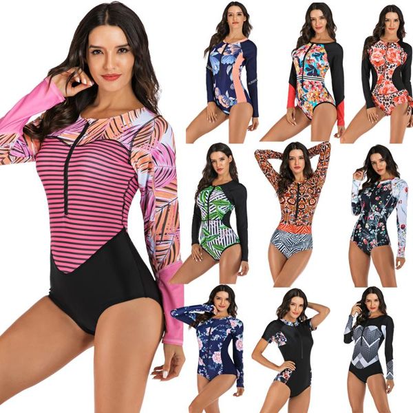 

bikinis set 2021 one piece swimsuit rashguard printed long sleeve rash guard women swimwear surfing swimming suit bathing