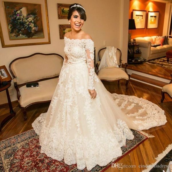 

vintage long sleeves lace wedding dresses 2019 with beaded appliques bateau neck court train a line wedding bridal gowns, White
