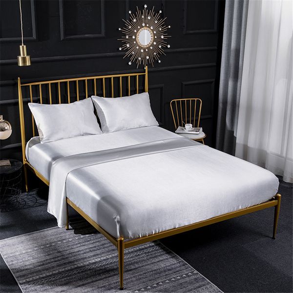 

white silk elastic fitted sheet satin fabric pillowcase bed cover set solid  size bed spread sets smooth underwear set
