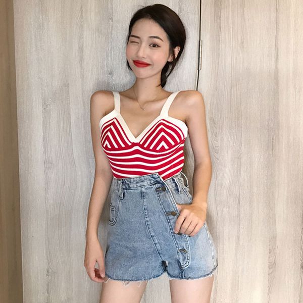 

new summer women's clothing fashion short red striped v-neck sleeveless female knitting tank vest shoulder sweaters, Black;white