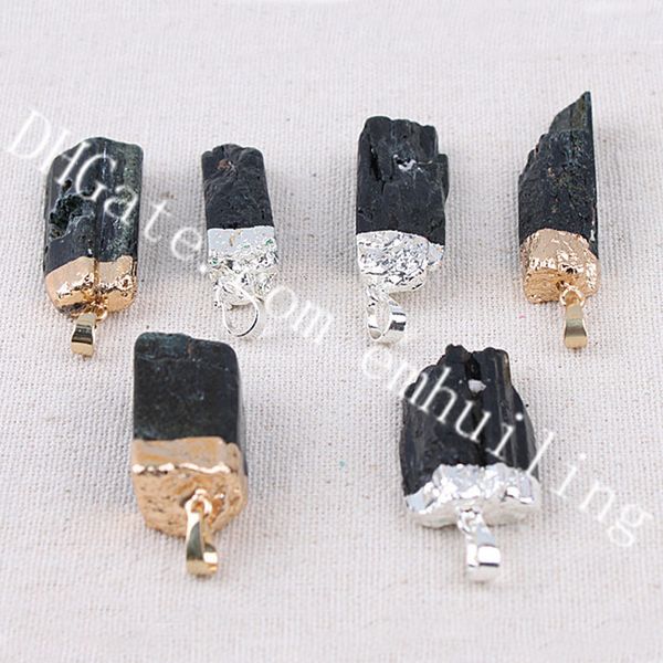 10pcs Natural Turmalina Negra áspero Mineral Rocha Nugget Pendant 25-45mm prata banhado Irregular Gold / Turmalina Negra cristal Pingente encanto