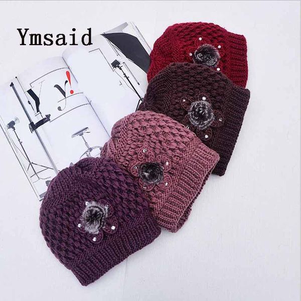 

ymsaid classical fur flowers thicker cashmere beanie cap women's winter autumn knitted hats female hat beanie, Blue;gray