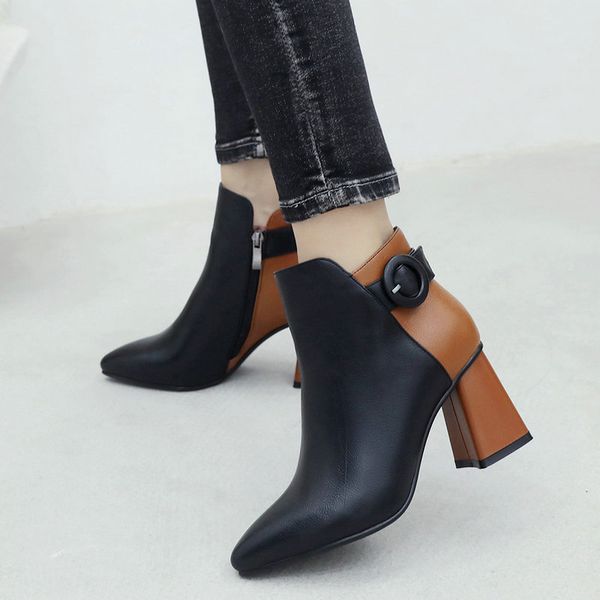 

women's boots winter ladies ankle boots high heels pointed toe shoes women chunky heeled black faux leather