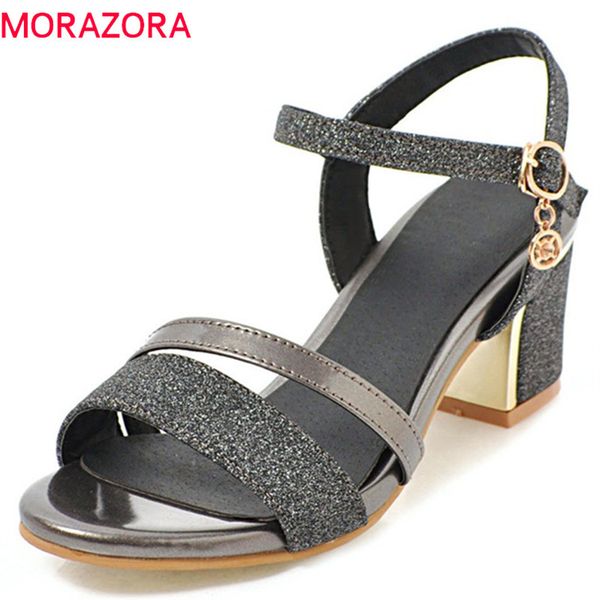 

morazora 2020 новое поступление блестками ткань женские сандалии мода партия свадебные туфли удобные квадратные каблуки обувь большой размер, Black