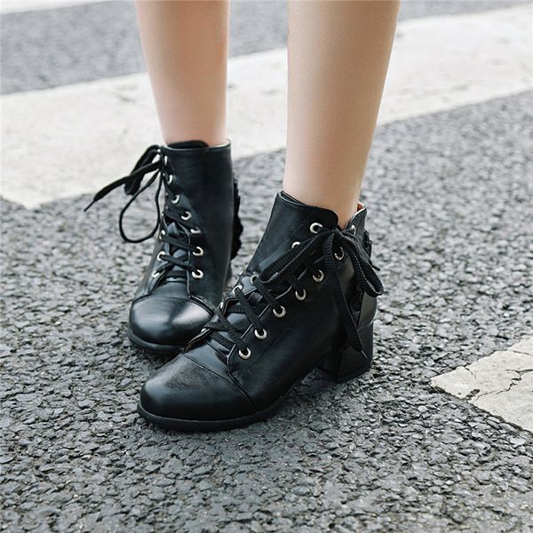 

fashion 2019 autumn winter block heel shoes college white black street cross strap lace up ankle boots woman footwear
