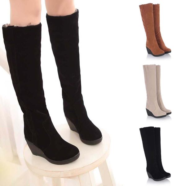 

2019 new women snow boots thick keep warm fur shoes high heel wedge shoes round toe platform knee high long winter boots, Black