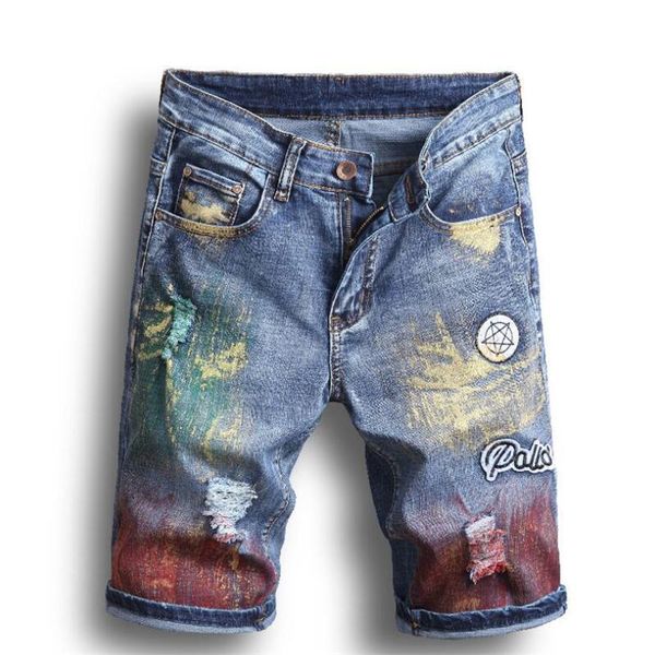

2019 new fashion mens beggar paint short jeans clothing cotton leisure shorts breathable denim shorts male personality, White;black