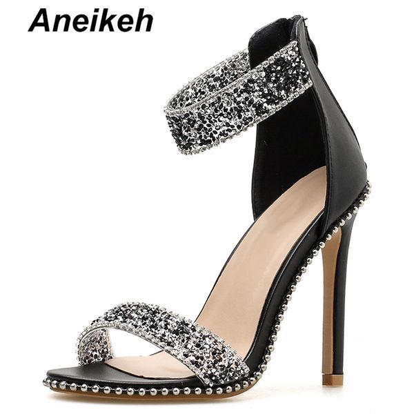 

aneikeh bling bling crystal embellished sandal for woman rome style open toe ankle strap high heel shoes cutouts sandal, Black