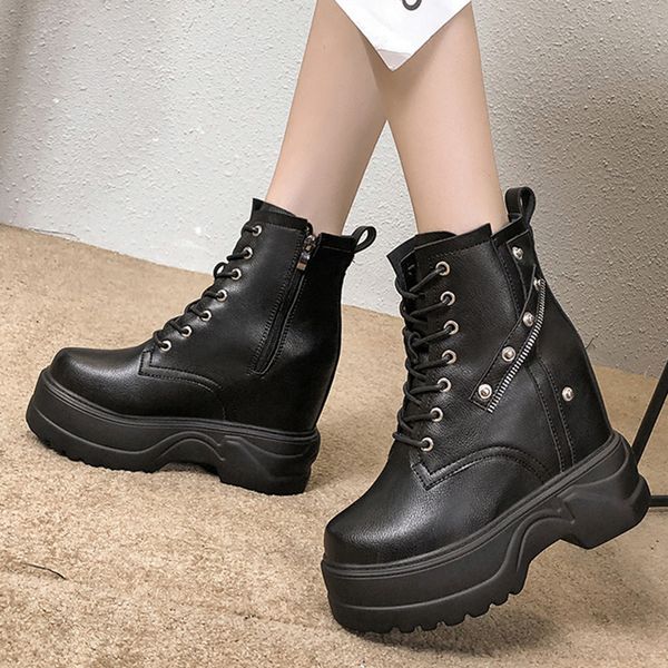 

rimocy womens hidden heels lace up ankle boots black leather chunky platform shoes woman fashion zipper wedges shoes ladies