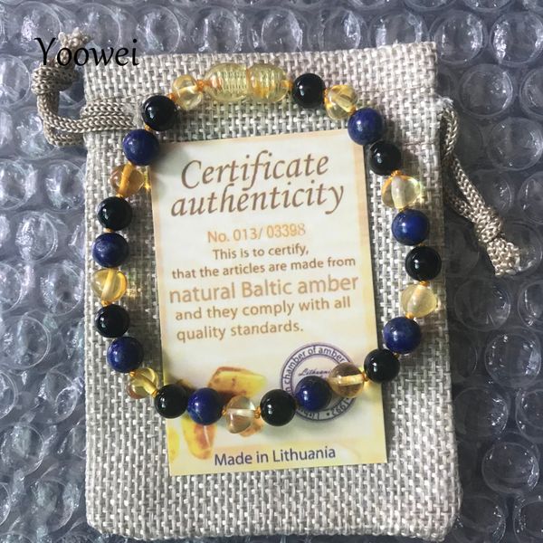 

yoowei baby amber teething bracelet/necklace baltic amber bead gift agate lapis lazuli natural gemstone jewelry wholesale, Golden;silver