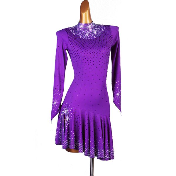 

stage wear latin dance dress lady junior rumba cha samba purpleroyal blue long sleeve skirt vent slit competition dresses lq170, Black;red