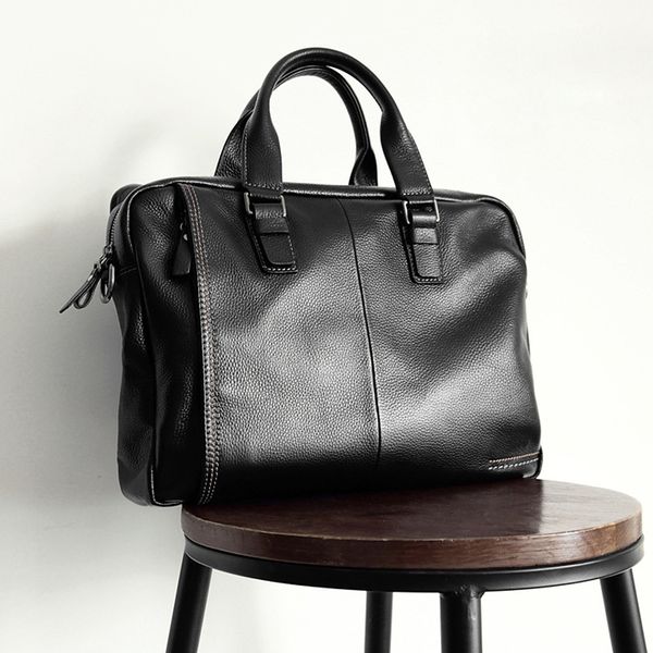

new natural cowskin 100% genuine leather men's briefcase fashion large capacity business bag black male shoulder lapbag