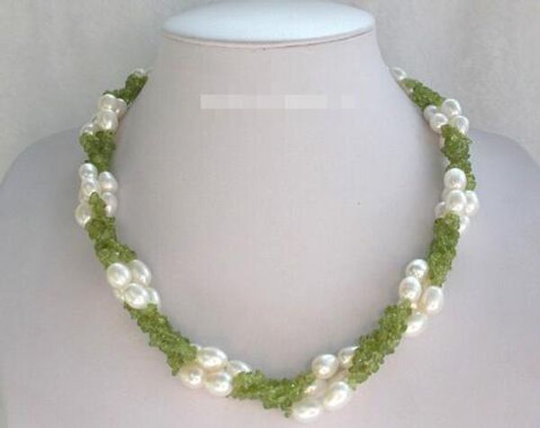 

stunning 3rows 11mm rice white freshwater pearls green peridot necklace, Silver